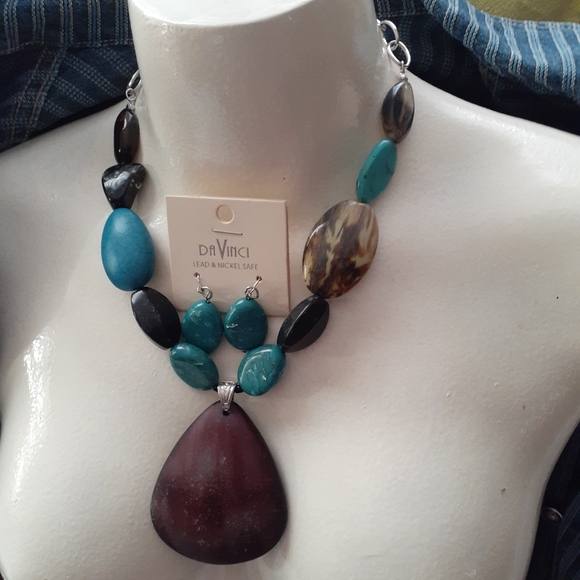 Necklace Earings Set Turquoise Colours Stone Shapes Artificial - Picture 1 of 16